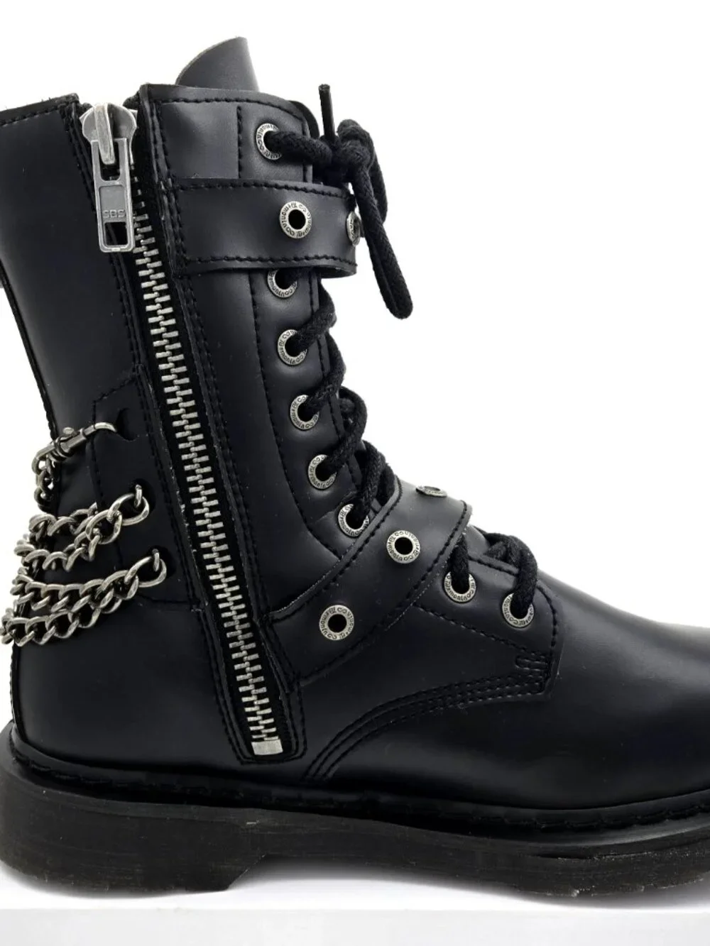 DEMONIA Bolt 250 Mens Sz 10 Black Goth Combat Biker Side Zip Buckle Chains Boots